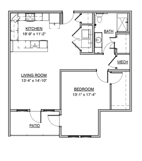 Floor plan for 1 bed, 1 bath, 960 sqft